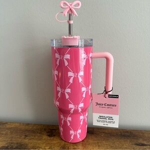 New Juicy Couture 40 oz Stainless Steel Straw Tumbler Cup Mug Pink Bows Topper